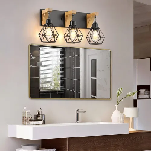 Vista 2 de VbiTmn Lámparas de baño de granja, 3 luces de tocador de baño, accesorios de iluminación rústica sobre el espejo, apliques de pared con elegante
