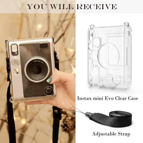 Vista 6 de Rieibi Funda protectora transparente para cámara instantánea Fujifilm Instax Mini Evo, funda rígida con correa para el hombro