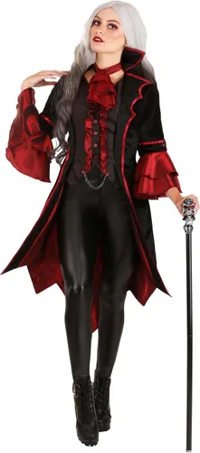 Vista 2 de Exquisito vestido de disfraz de vampiro para mujer, traje de vampiro gótico moderno para adultos, chaleco y cuello medieval, Negro, Rojo, XL