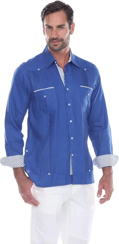 Vista 7 de Mojito Men's 100% Linen Guayabera Shirt Long Sleeve Print Trim Accent