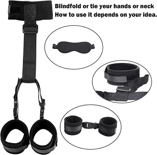 Vista 6 de Juego de 5 piezas de juguetes sexuales BDSM, correas de sujeción para la cama, puños sexuales con los ojos vendados, esposas sexis para adultos