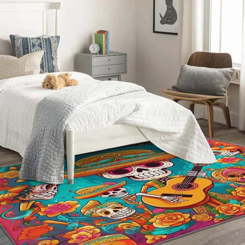 Vista 2 de Alfombra de Día de los Muertos de 2 x 3 pies, alfombra mexicana para entrada, alfombra de día de los muertos, decoración de habitación de niños
