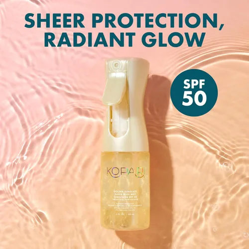 Vista 2 de Kopari Golden Sunglaze Protector Solar en Niebla para el Cuerpo SPF 50, Infundido con Aceite Corporal con Destellos, Niebla Hidratante, Hidrata