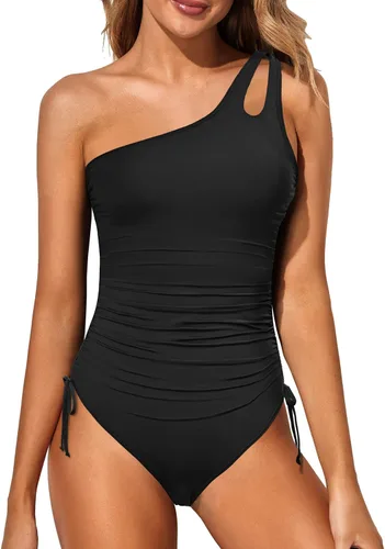 Vista 20 de Women's One Shoulder One Piece Tummy Control Swimsuit Full Coverage Diseño de ojo de cerradura, ajuste de cobertura completa, estilo modesto Negro