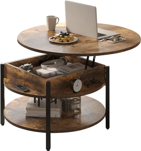 Vista 10 de FABATO Mesa de Centro Redonda con Tapa Elevable con Almacenamiento y Compartimento Oculto, 26.77'' Mesa de Centro Estilo Granja para Sala de Estar