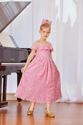 Vista 3 de GRACE KARIN Vestido de niña con hombros descubiertos y lentejuelas brillantes con nudo de lazo, 6-12 años