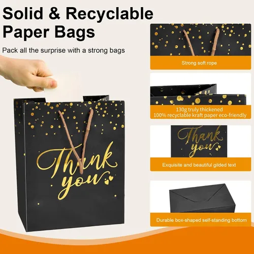 Vista 3 de PAICUIKE 20 bolsas de regalo negras y doradas con asas, tamaño mediano, bolsas de agradecimiento a granel para bodas, fiestas y pequeñas empresas