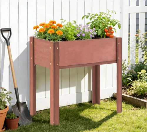 Vista 7 de Cama de jardín elevada con patas, 31 x 16 x 31 pulgadas, jardinera elevada de madera para exteriores, patas gruesas, con forro Marrón