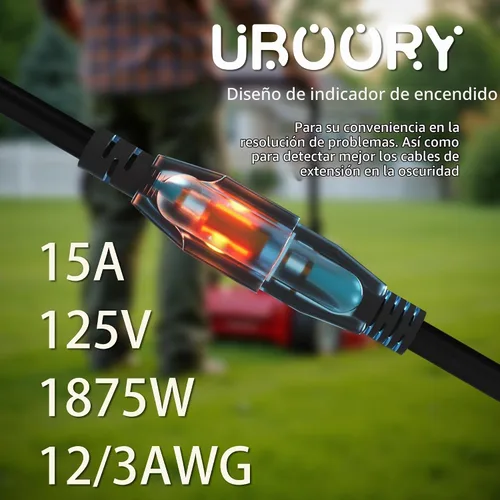 Vista 5 de Cable de extensión para exteriores impermeable de 50 pies, negro 12/3 SJTW resistente, flexible, 100% cobre, cable de extensión de 3 puntas