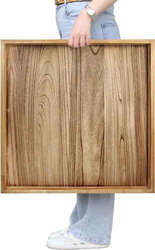 Vista 26 de Gurfuy Bandeja de madera rústica de 20 pulgadas para servir – Bandeja redonda extragrande para mesa de café decorativa de granja de gran