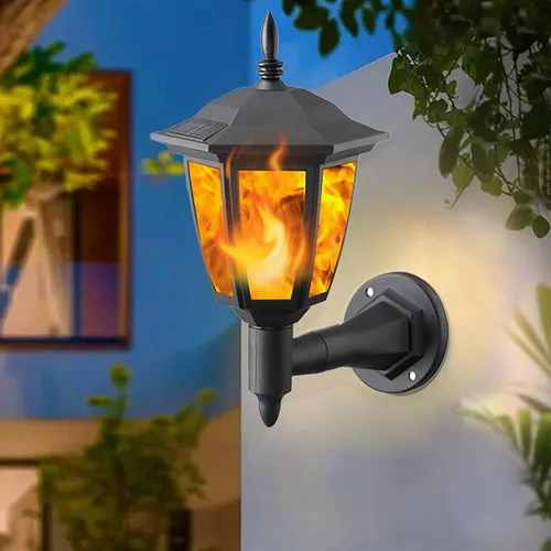 Vista 9 de Dynaming - Paquete de 2 linternas de llama solar de pared para exteriores, luces de pared montadas en la pared con energía solar, luces LED de llama