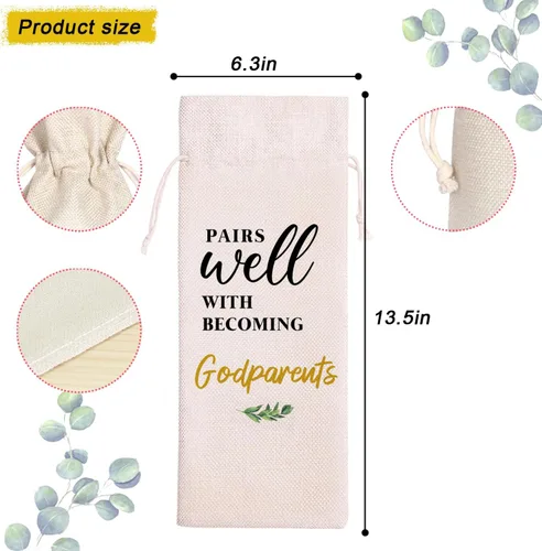 Vista 2 de Regalo de propuesta de padrinos, bolsas de vino, se adapta a botellas estándar de 25.4 fl oz, cierre de cordón, unisex, beige, algodón, rústico