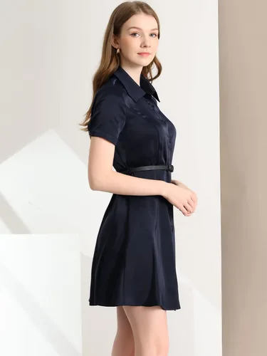 Vista 3 de Allegra K Vestido elegante de satén para mujer de manga corta con botones y cinturón, M