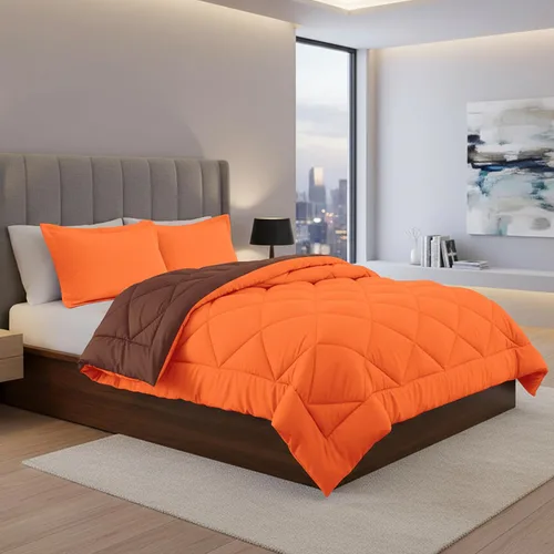 Vista 2 de Elegant Comfort Edredón alternativo reversible de plumón de ganso súper suave, 3 piezas, tamaño Queen, naranja/chocolate