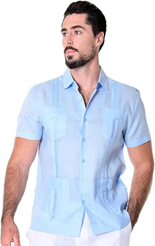 Vista 2 de bohio Guayabera - 100% lino para hombre, tradicional, 4 bolsillos con mangas cortas, color azul reyM, Real