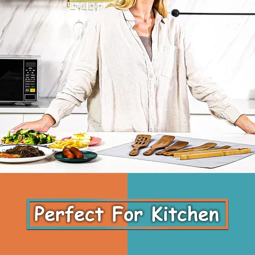 Vista 5 de Juego de 5 espátulas de madera + 1 pinza tostadora para revolver y servir como un genio – Herramientas de cocina de madera. Práctico para chef