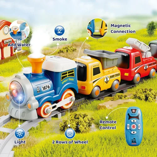 Vista 3 de Tren de juguete con control remoto para niños, conjunto de tren con luces y música con vapor de agua para niños y niñas de 3-8 años, conjunto