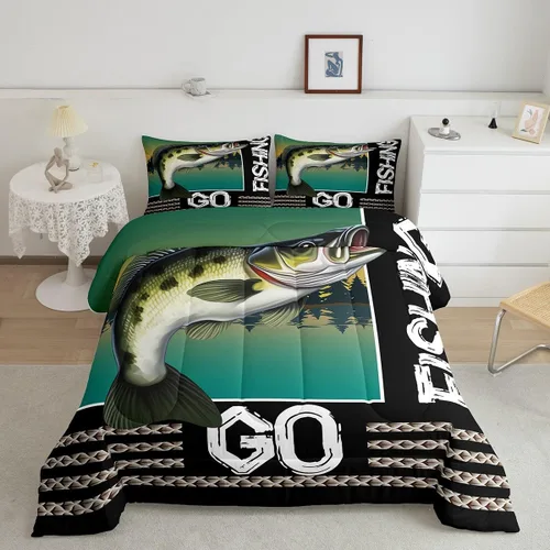 Vista 12 de Erosebridal Juego de ropa de cama de pesca tamaño individual, juego de edredón de peces coloridos para niños, adolescentes, hombres, pescadores