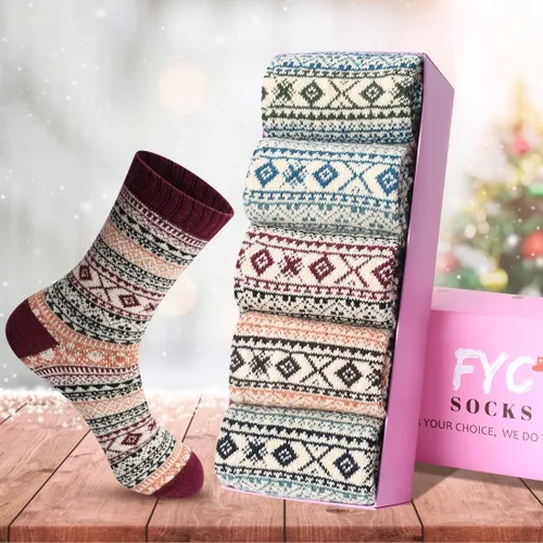 Vista 6 de FYC Winter Womens Socks Wool Warm Thick Knit Cozy Crew Casual Vintage Soft Socks for Women Christmas Gifts Socks 5 Pairs
