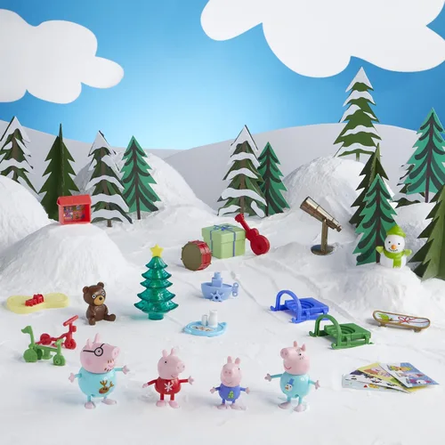 Vista 3 de Peppa Pig Peppa's - Calendario de Adviento para niños, contiene 24 juguetes sorpresa, 4 figuras familiares de Peppa Pig navideños; a partir de 3 años