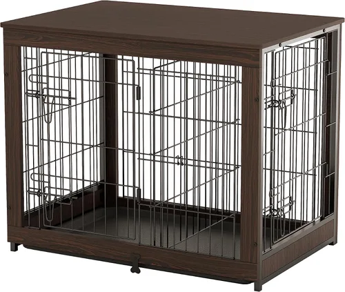 Vista 10 de Piskyet Muebles de madera para perros con panel divisor, mesa auxiliar de jaula para perros con bandeja deslizante fijable, puertas dobles