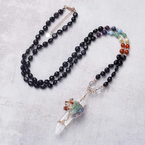 Vista 2 de MANIFO Collar de piedras preciosas de cuarzo transparente con diseño de árbol de la vida de 7 chakras