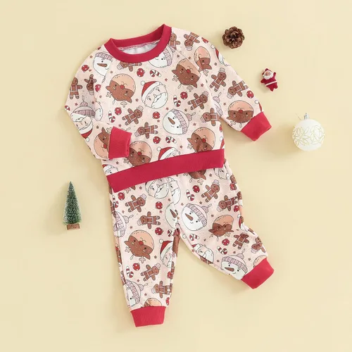 Vista 2 de Conjunto de 2 piezas de sudadera con diseño de Papá Noel, muñeco de nieve, alce y Papá Noel, ropa de otoño e invierno
