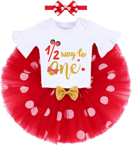 Vista 2 de Ropa de medio cumpleaños para niñas con diseño de lunares, 12 forma a uno, falda tutú, orejas de ratón, diadema de princesa
