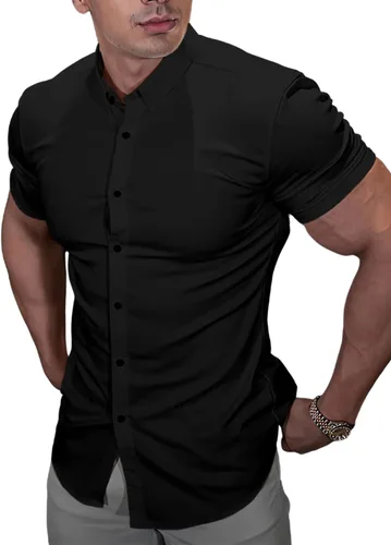 Vista 5 de Casual Men's Muscle Fit Dress Shirts Short Sleeve Athletic Fit Button Down Shirts