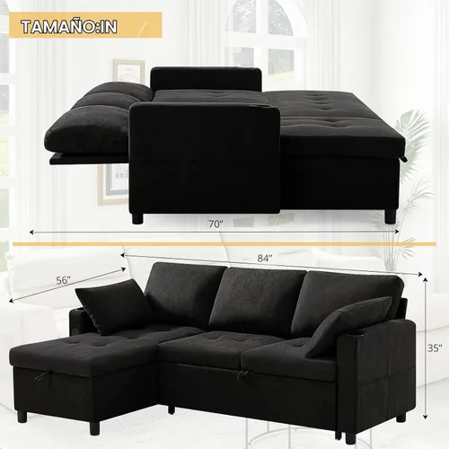 Vista 3 de Sofá cama extraíble de tela de 84 pulgadas con respaldos ajustables, color negro