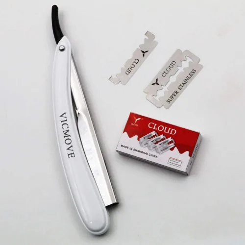 Vista 7 de Navaja de afeitar profesional de borde recto con 20 cuchillas Derby, 100% acero inoxidable, 1 navaja + 20 cuchillas 1 Razor + 20 Blades