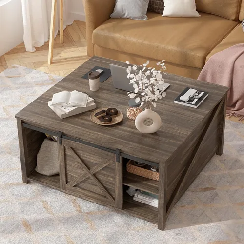 Vista 2 de PUKAMI Mesa de centro elevable con almacenamiento, mesa de centro de granja de 31.5 pulgadas para sala de estar, mesas de centro cuadradas con gran