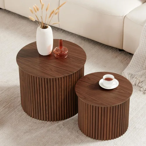 Vista 9 de Juego de 2 mesas de centro pequeñas anidables y redondeadas de madera, mesa de café redonda de estilo moderno de mediados de siglo, mesa auxiliar