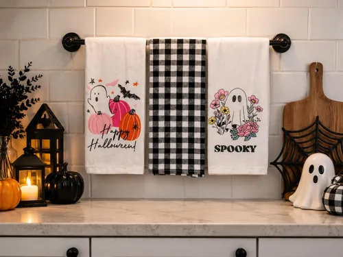Vista 13 de Haunted - Juego de toallas de mano de cocina de Halloween: Jack O' Lantern Orange Terry Loop, lazo de rizo de punto blanco elevado, diseños