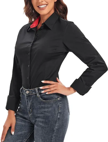 Vista 5 de Esabel.C - Camisa de trabajo con botones de manga larga para mujer, elástica, corte regular
