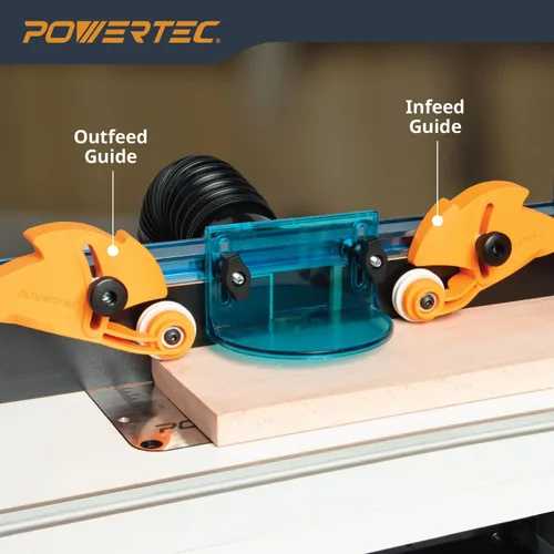 Vista 2 de POWERTEC Guía de Material con Rodillos Ajustable, Herramienta Alimentadora de Material con Rodamiento Unidireccional – Reduce el Retroceso y Aumenta