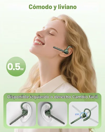 Vista 5 de Auriculares Bluetooth, 72H trabajo auricular inalámbrico de un solo oído Verde militar sólido
