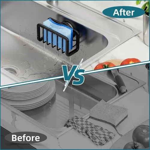 Vista 8 de TAILI Organizador de fregadero con ventosa fuerte, soporte de esponja para organizador de fregadero de cocina, soporte de esponja de aluminio