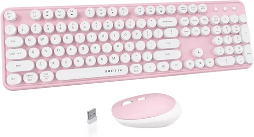 Vista 9 de UBOTIE Teclado inalámbrico colorido para computadora y mouse óptico, teclas flexibles, teclado de tamaño completo de oficina, conexión sin