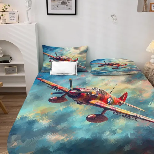 Vista 3 de Sábanas de avión tamaño individual – Sábanas de cama de aviones, microfibra suave y bolsillo profundo, sábanas y fundas de almohada estampadas sin