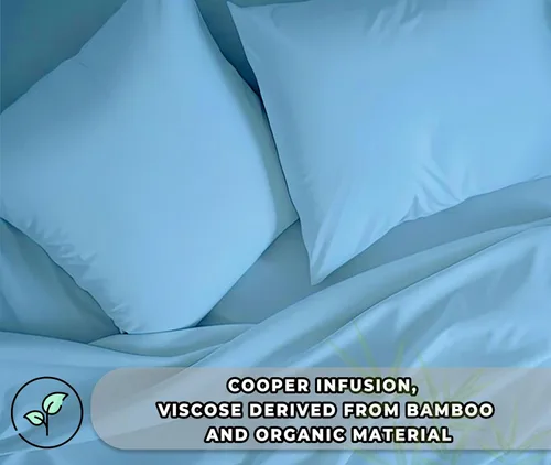 Vista 2 de 6 piezas de viscosa de cobre-X con infusión orgánica derivada de bambú, suaves y transpirables, color azul cielo, tamaño King