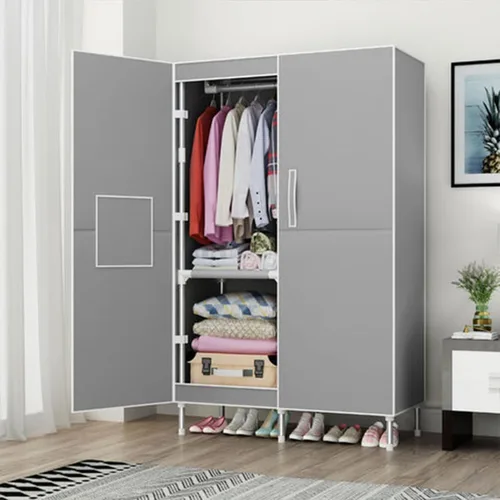 Vista 3 de Organizador portátil de ropa de 34 pulgadas, simple no tejido, armario de almacenamiento de ropa multifuncional con cubierta y barra para colgar Gris