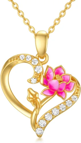 Vista 32 de Collar de flor de nacimiento de oro real de 14 quilates para mujer, oro amarillo creado moissanita con colgante de corazón, collares