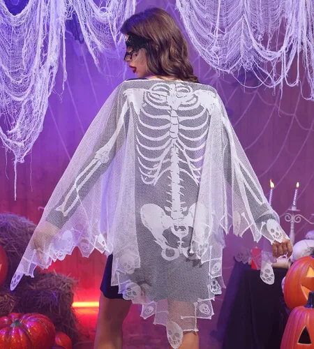 Vista 4 de For G and PL Disfraz de esqueleto de Halloween para mujer, poncho de murciélago, capa aterradora con máscara de encaje