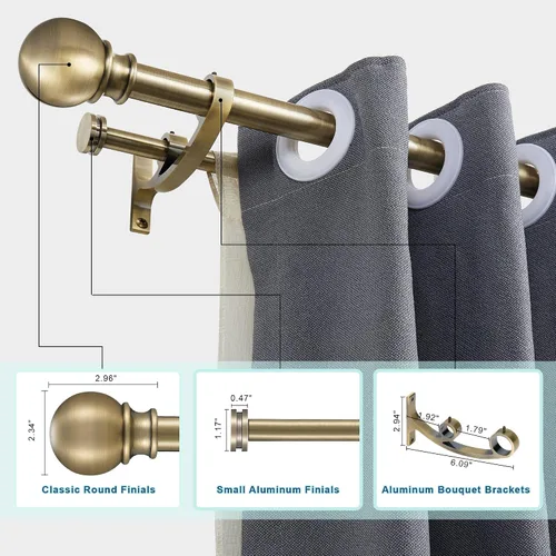 Vista 3 de Barras de cortina dobles con soportes de aluminio para ramo y remates redondos, barras de cortina de bronce antiguo para ventanas de 28 a 48