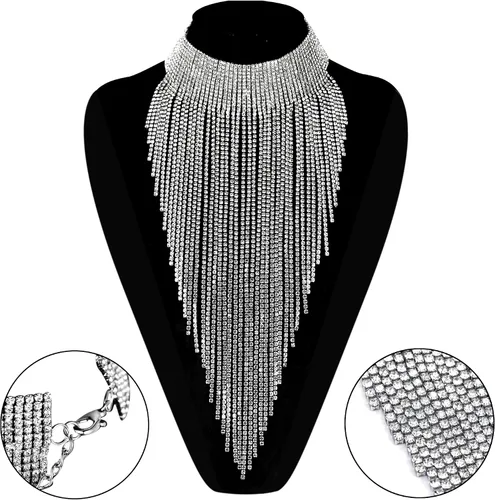 Vista 5 de Flyonce - Collar con diamantes de imitación para mujer, gargantilla con borla estilo pechera, joyería para fiesta formal