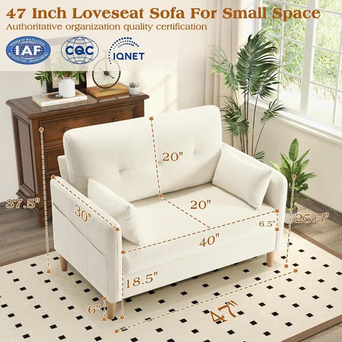 Vista 2 de Hanherry Sofá Loveseat, Sofá Pequeño de 47" para Sala de Estar, Cómodo Asiento de Amor de Tela Chenilla para Dormitorio con Almohada Decorativa