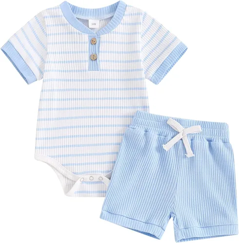 Vista 11 de MA&BABY Conjunto de mameluco de rayas de punto acanalado para recién nacido azul (A- Blue)