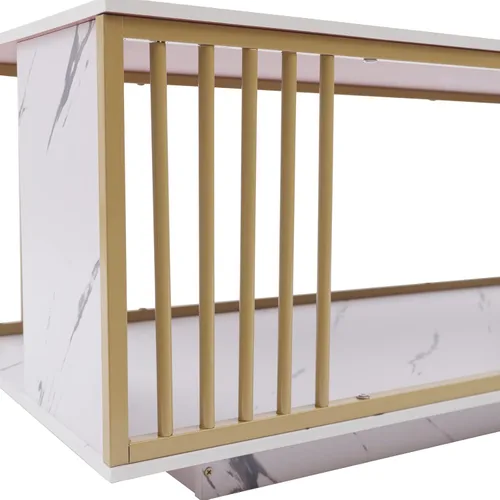 Vista 5 de Mesa de centro de mármol, mesa de centro moderna de mármol sintético de 2 niveles, mesa auxiliar rectangular con marco de metal dorado, mesa de café
