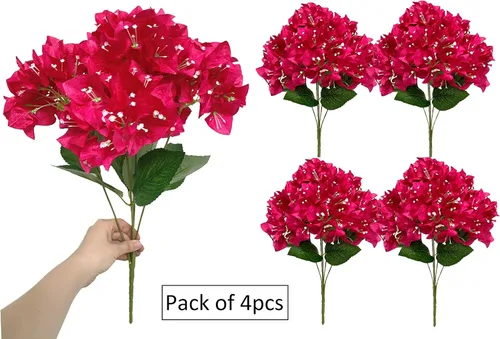 Vista 3 de Juego de 4 ramos de flores artificiales de seda de buganvilla, flores ricas para decoración del hogar, jardín, boda, arbustos de flores sintéticas